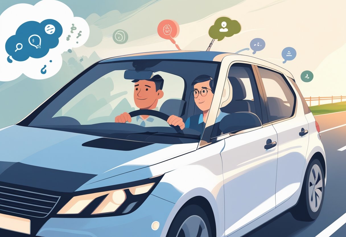 A learner driver receiving calm and supportive guidance from an instructor in a car on an open road, with subtle symbols representing overthinking challenges around them.