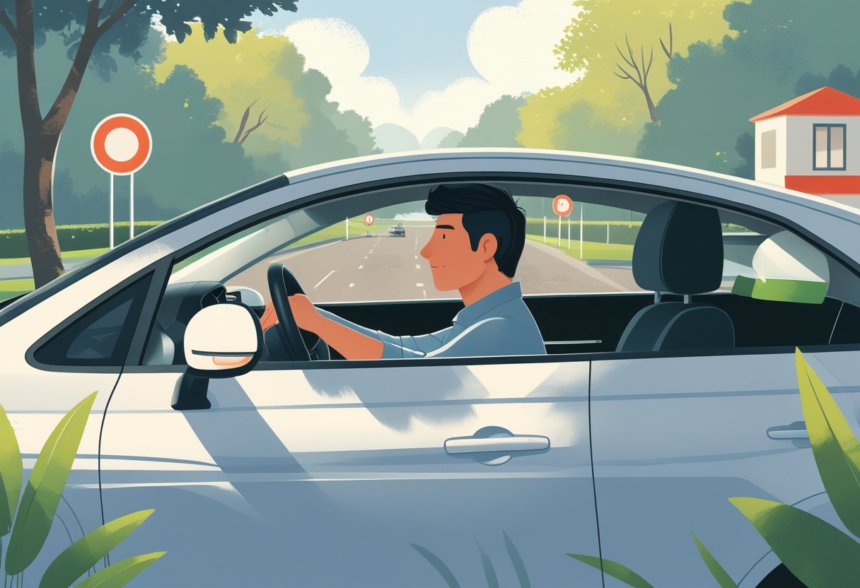 A young person calmly learning to drive with an instructor in a quiet suburban area.