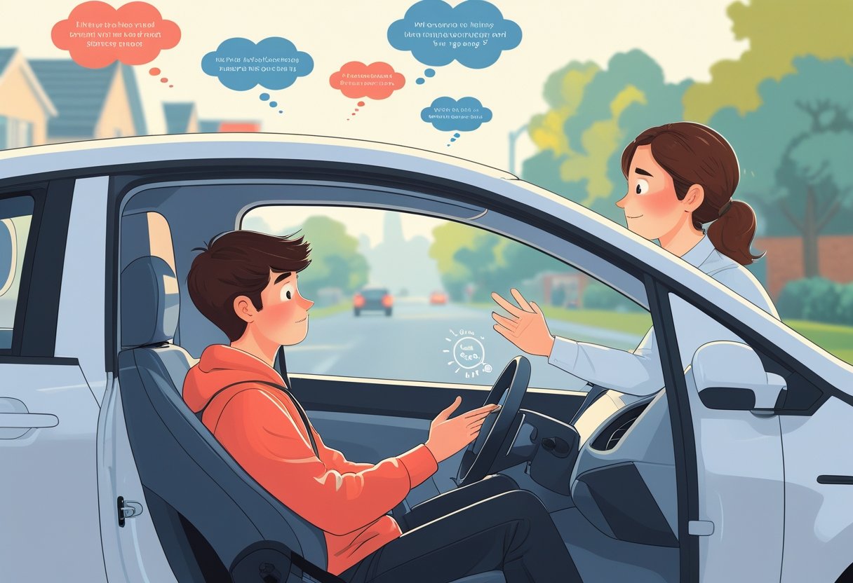 A learner and driving instructor in a car on a quiet street, showing a calm and supportive driving lesson.