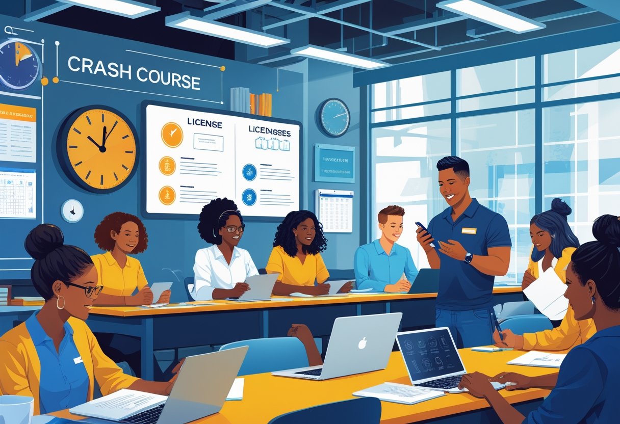 A group of learners attentively studying in a classroom with an instructor, surrounded by educational materials and a clock showing time passing quickly.