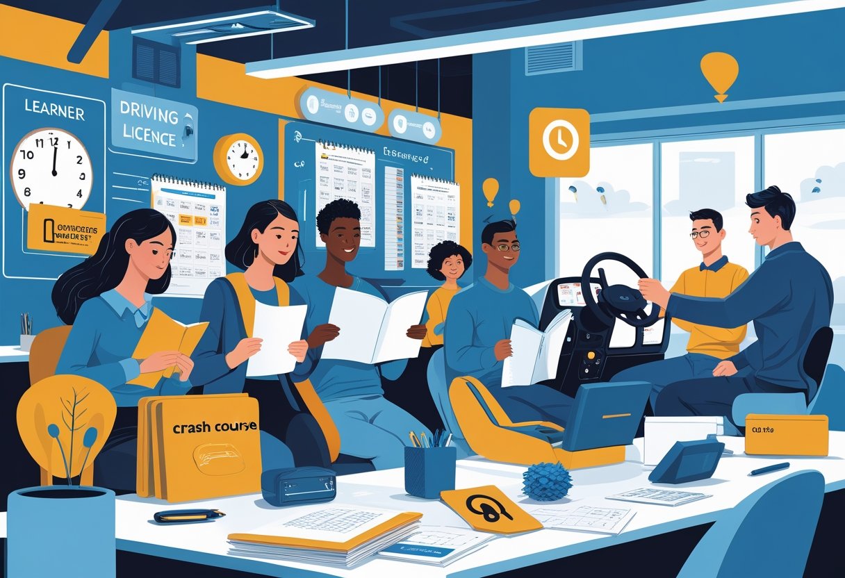 A group of learners studying driving materials and practising driving skills with an instructor in a classroom and driving test setting.