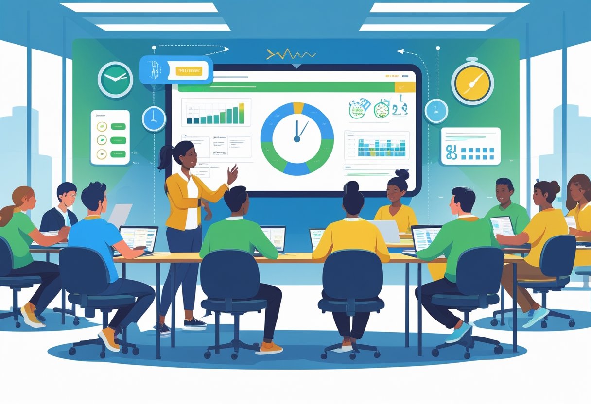 A group of adult learners attentively participating in a fast-paced classroom with an instructor explaining driving-related concepts on a digital screen.