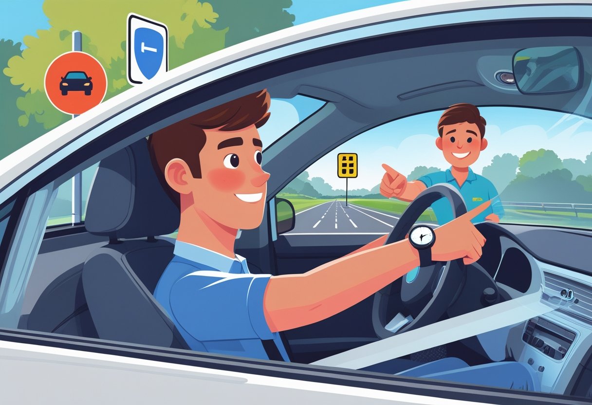 A learner driver sitting in a car with a driving instructor standing beside it, ready to begin an intensive driving course.