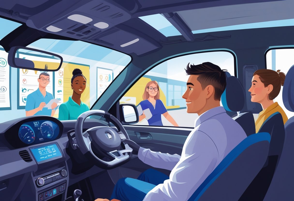 A driving instructor helping adult learners practise driving in a simulator inside a driving school classroom.