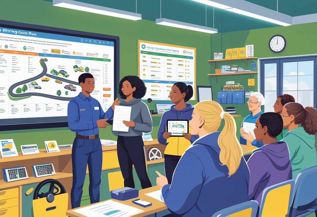 A driving instructor teaching a group of adult learners in a bright classroom with driving materials and a digital screen showing a course plan.