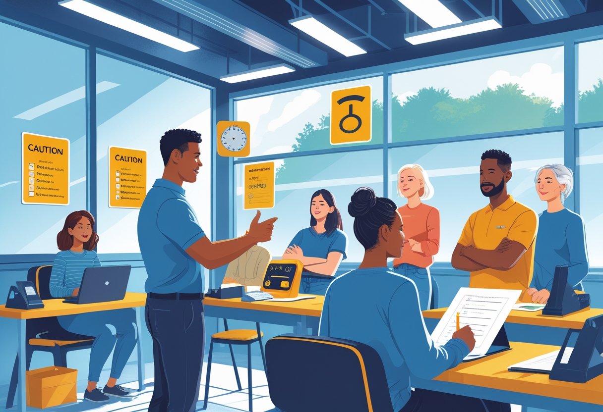 A driving instructor supports a determined adult learner in a classroom with driving simulators and road signs, showing a positive learning environment.