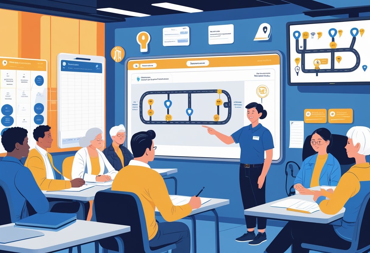 A group of adult learners in a classroom with an instructor teaching driving skills, and a learner practicing on a driving simulator nearby.