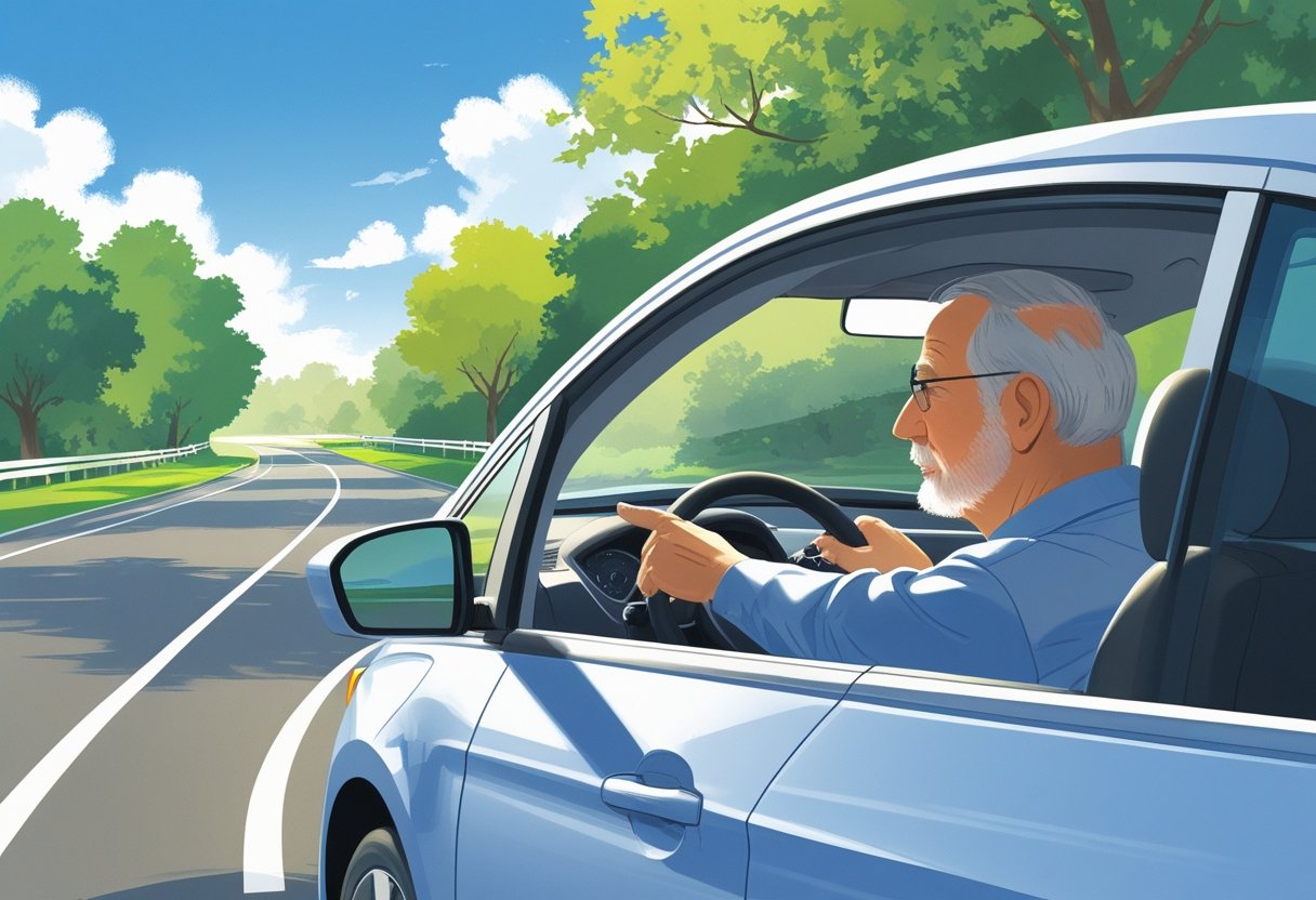 An older adult driver being guided by a driving instructor on a quiet suburban road with trees and clear skies.