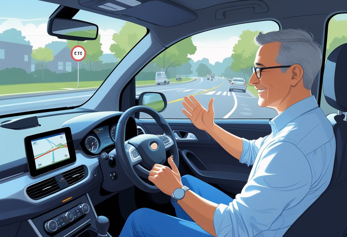 A learner driver and a driving instructor sitting inside a car on a quiet suburban street, with the instructor guiding the focused driver.