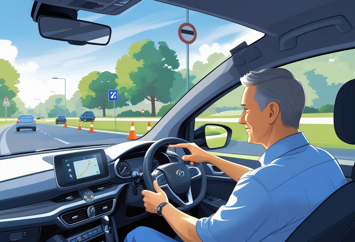 A driving instructor guides a mature learner inside a car on a quiet suburban street with road signs and practice cones visible outside.