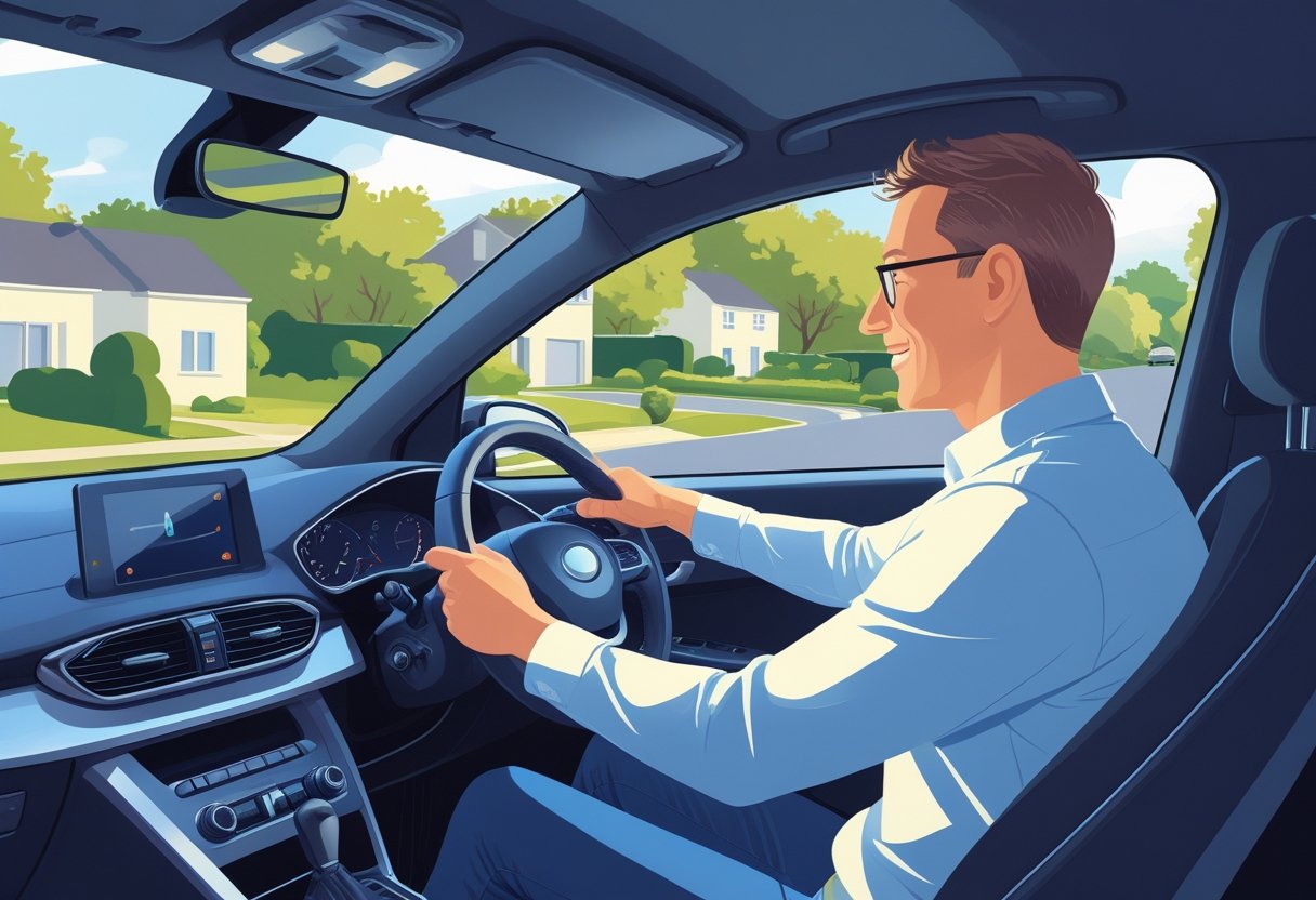 An adult learner receiving driving instruction inside a car on a quiet suburban street.