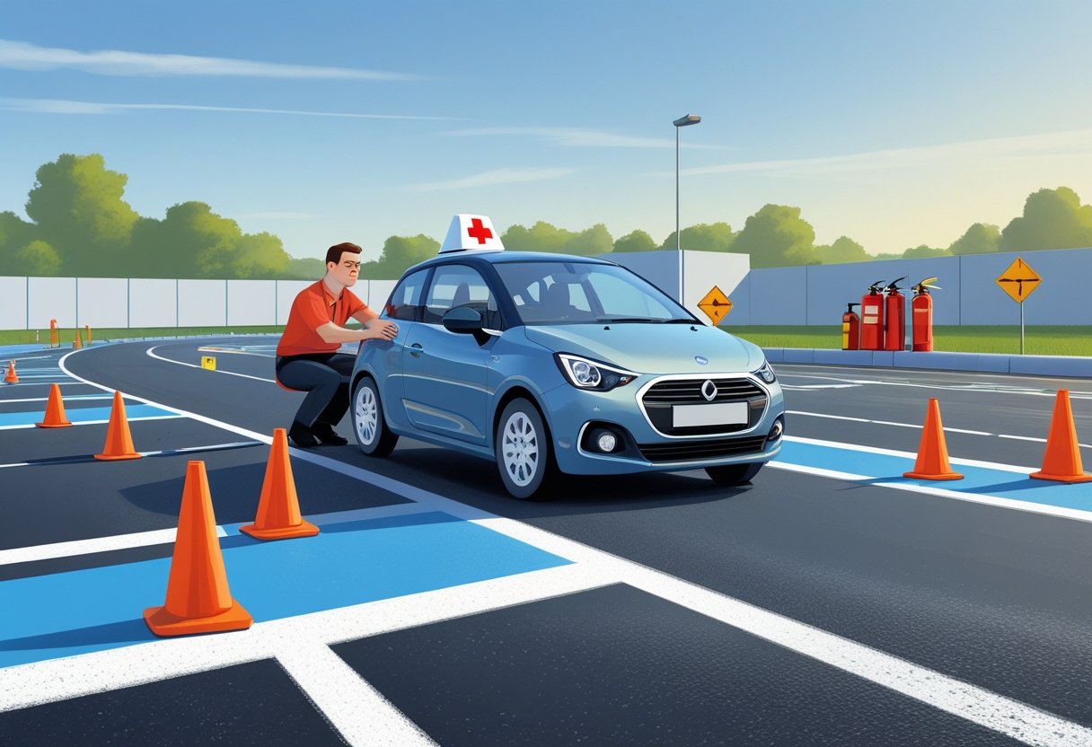 A driving instructor guiding a learner driver on a training track with cones and emergency signs in a safe practice environment.