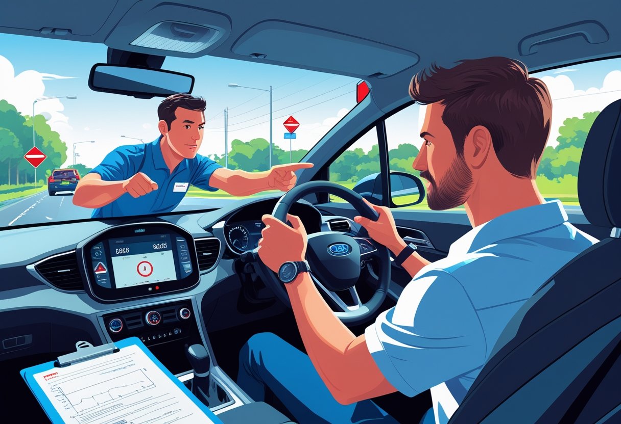 A driving instructor and student inside a car practising emergency driving techniques on a clear road with emergency vehicles visible ahead.