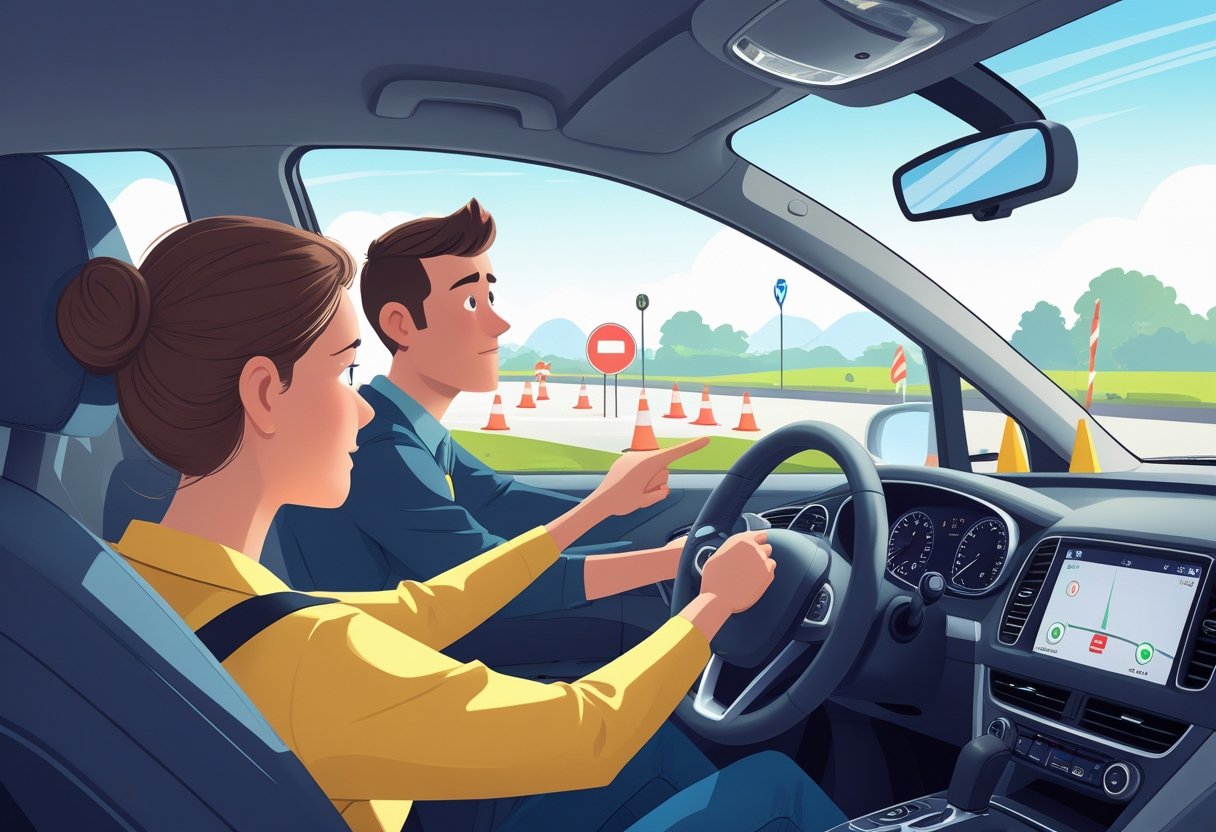 A driving instructor calmly guides an anxious driver inside a car on an emergency test course with cones and traffic signs visible outside.