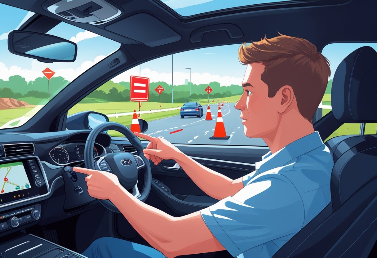 A driving instructor and a student inside a car practicing emergency driving test skills on a safe driving course.