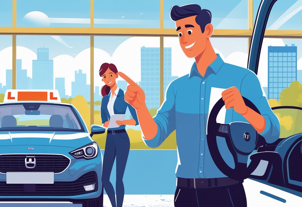 A young adult receiving driving instruction next to a car with a city skyline in the background, preparing for a job interview.