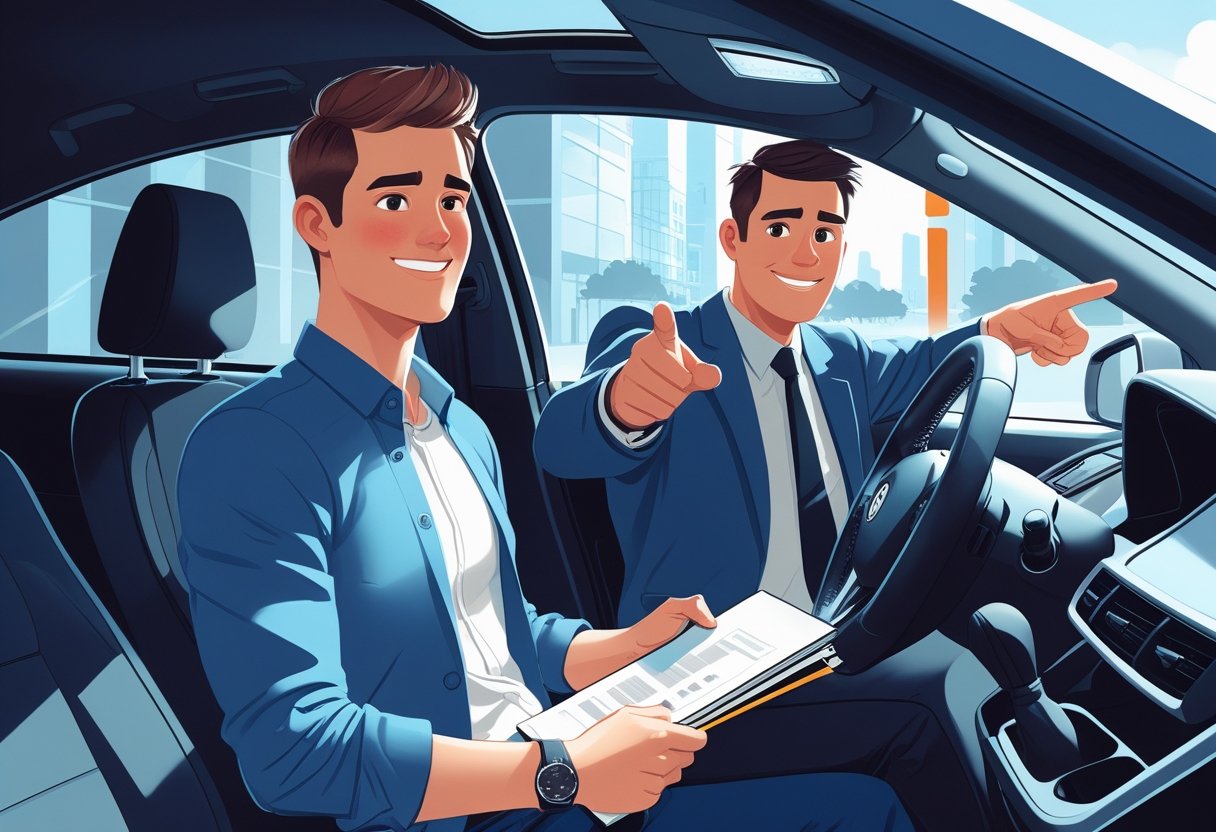 A person sitting in a car with a driving instructor, preparing for a job interview while learning to drive.