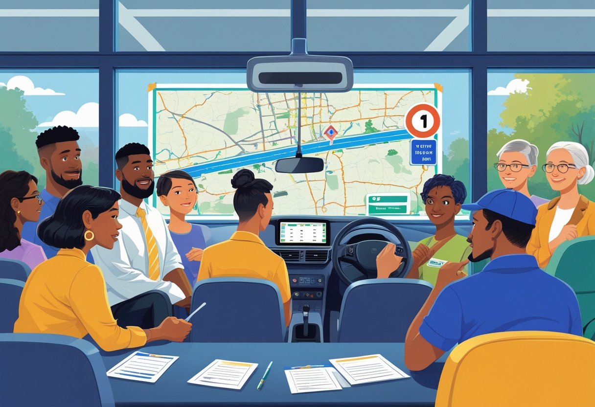 A group of adult learners in a driving school classroom with an instructor demonstrating driving techniques, and a driving school car outside the window.