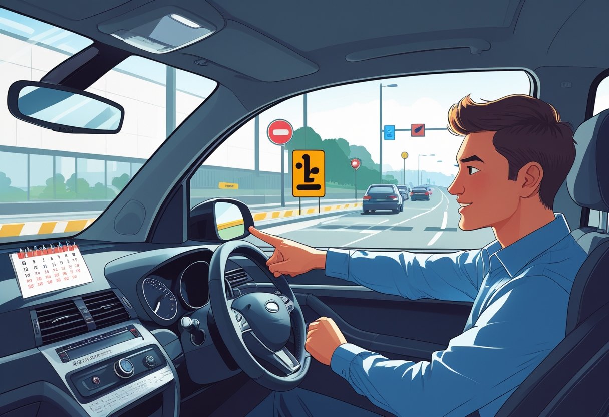 A young adult receiving driving instruction inside a car with an instructor pointing ahead, showing a driving lesson in progress.