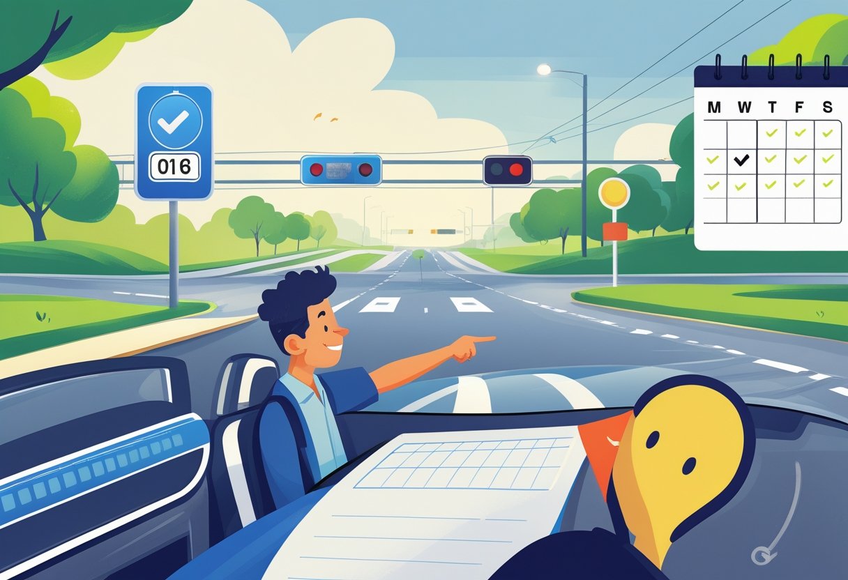 A young adult inside a car with a driving instructor pointing ahead on a sunny urban street, with a calendar showing a one-week schedule nearby.