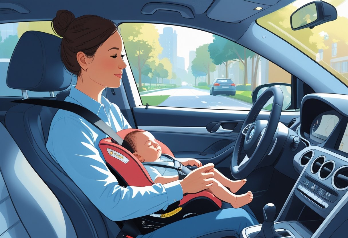 A new parent driving a car with a baby securely fastened in a rear-facing car seat in the back.