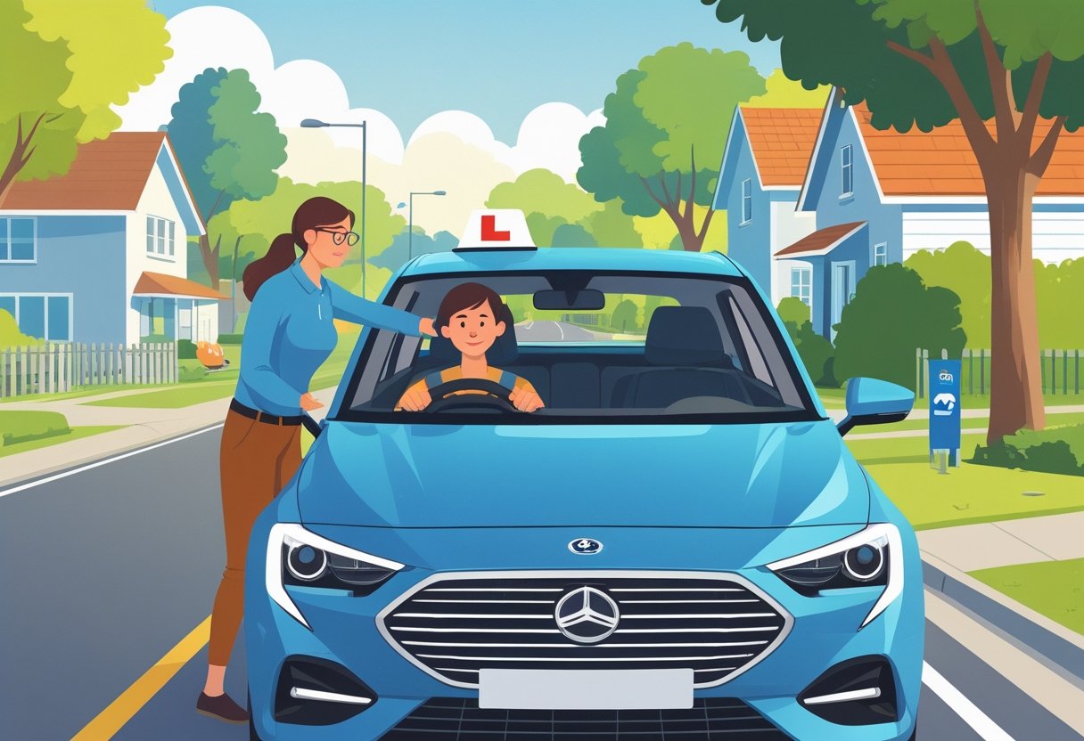 A stay-at-home parent learning to drive with an instructor in a quiet suburban street with houses and trees in the background.