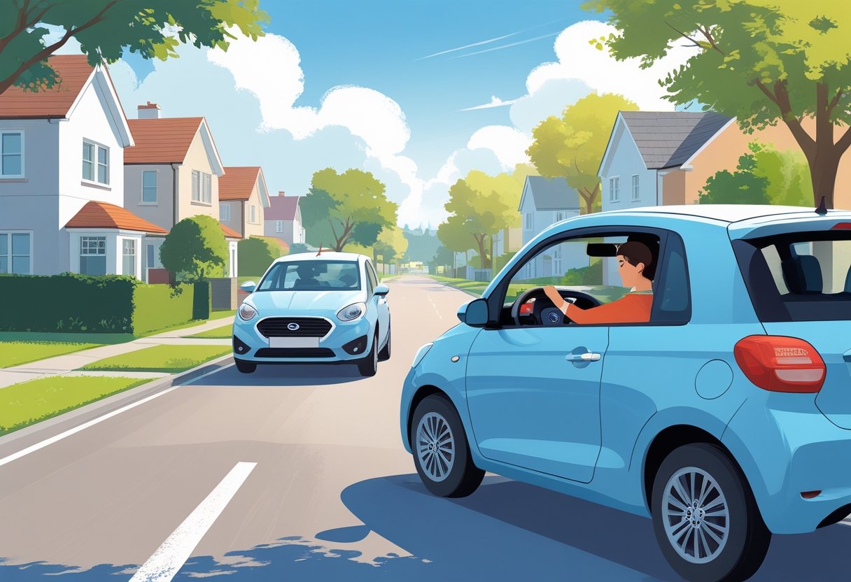 A stay-at-home parent learning to drive with a driving instructor in a car on a quiet suburban street.