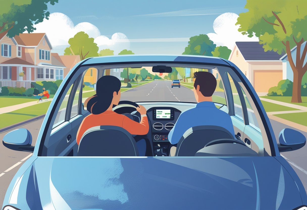 A stay-at-home parent learning to drive with a driving instructor in a car on a quiet suburban street.