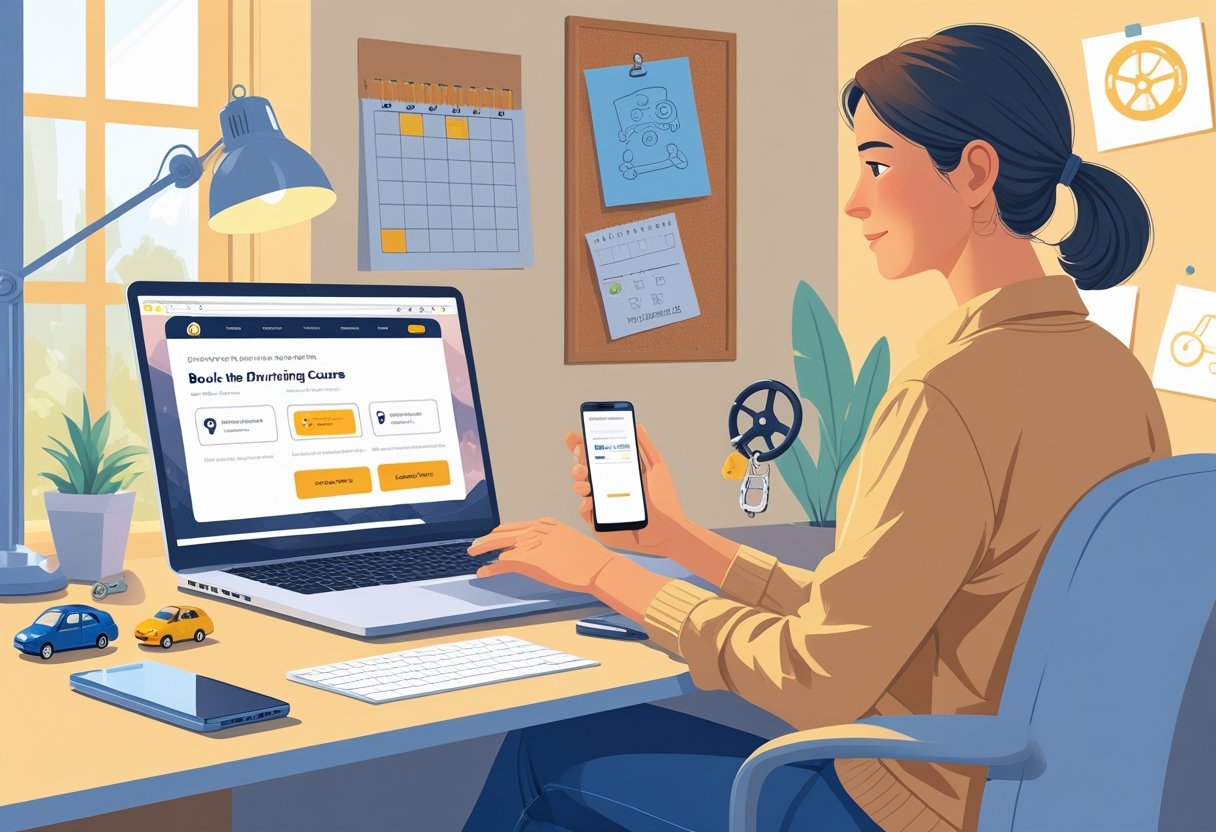 A stay-at-home parent using a laptop and smartphone at a home desk to book an intensive driving course, with a child’s drawing and a toy car nearby.