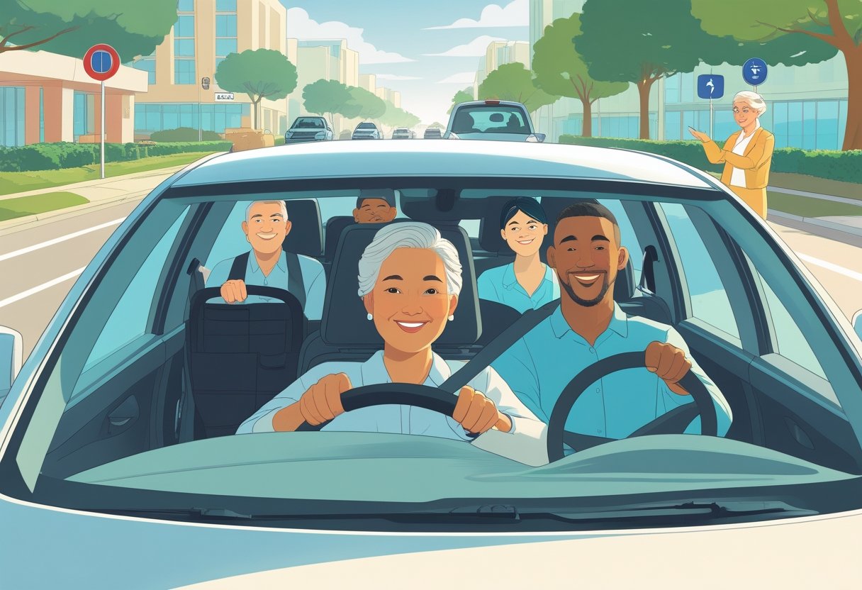 A middle-aged woman sitting in the driver's seat of a car with a driving instructor standing beside her on a quiet urban street, preparing to drive.