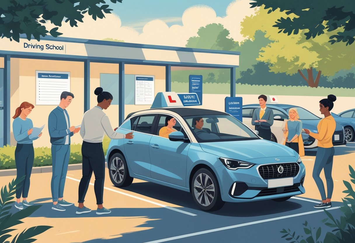 A group of adults learning to drive with an instructor in a driving school setting, showing support and practice in a calm outdoor environment.