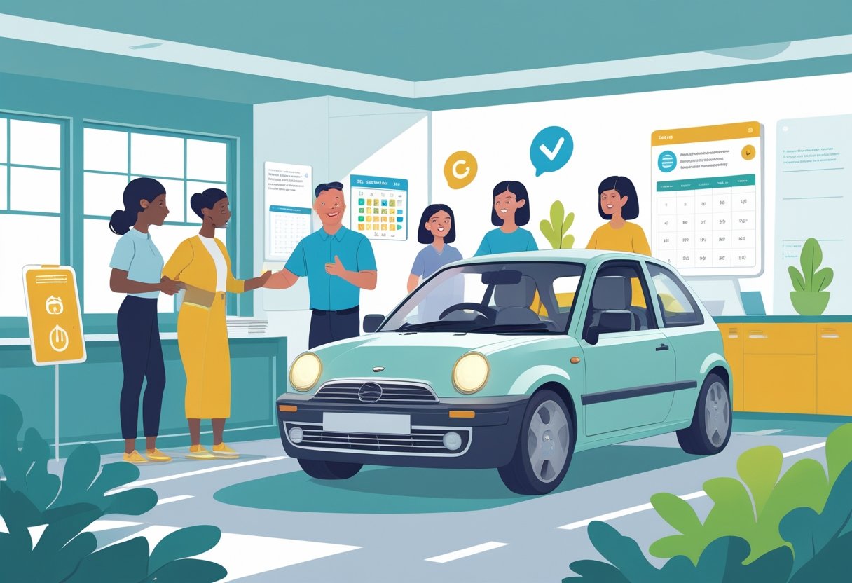 A group of adults at a driving school, with an instructor helping a person using a car simulator in a bright classroom setting.