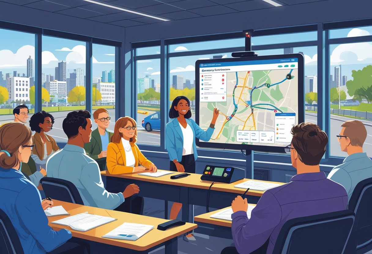 A group of adults in a classroom learning about driving with a city map on a screen and a driving simulator nearby, with a city visible outside the window.