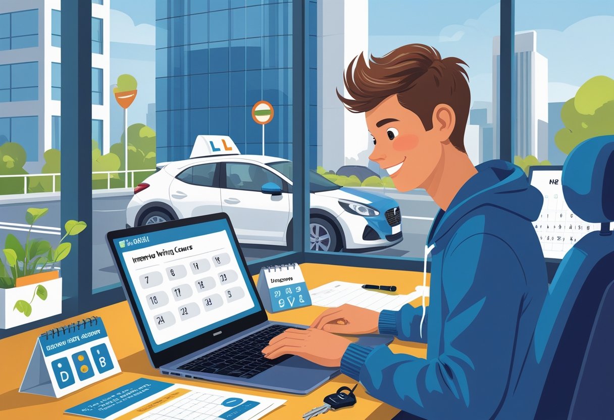 A person booking an intensive driving course on a laptop at a desk with a city view outside the window, surrounded by driving-related items.