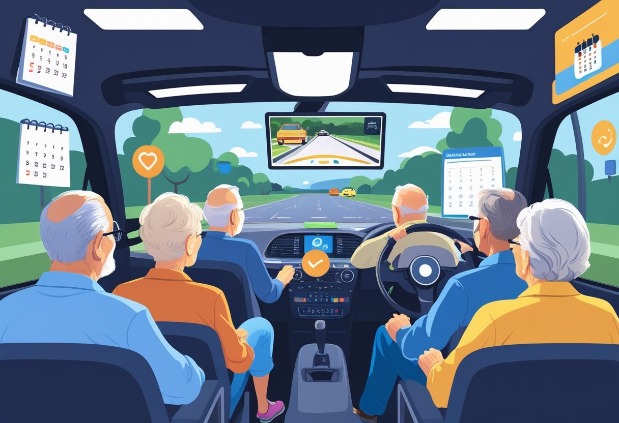 A group of elderly people attending a driving lesson with an instructor in a classroom setting, surrounded by symbols representing common challenges for retirees.