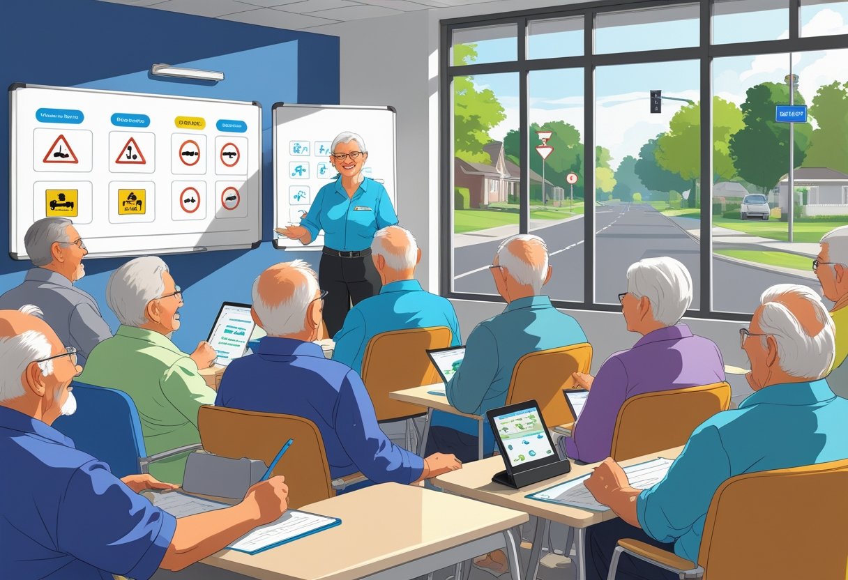 A group of elderly people attentively learning driving skills in a bright classroom with an instructor and a driving simulator visible.