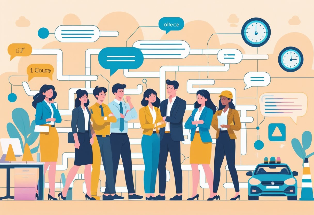 A group of people facing challenges starting a new job, guided by an instructor with driving symbols like a steering wheel and road signs in a supportive setting.