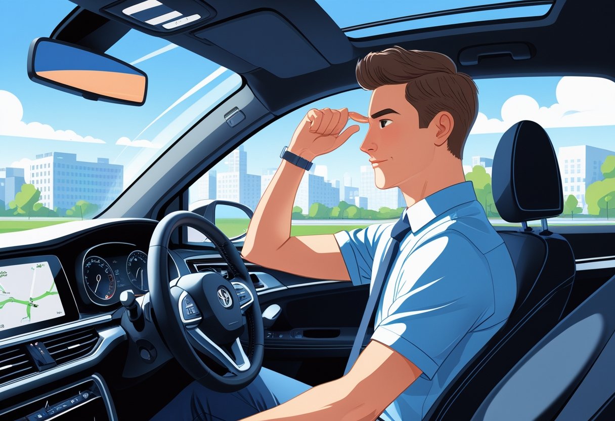 A person sitting in the driver's seat of a car, adjusting the rearview mirror, with office buildings visible outside the window.