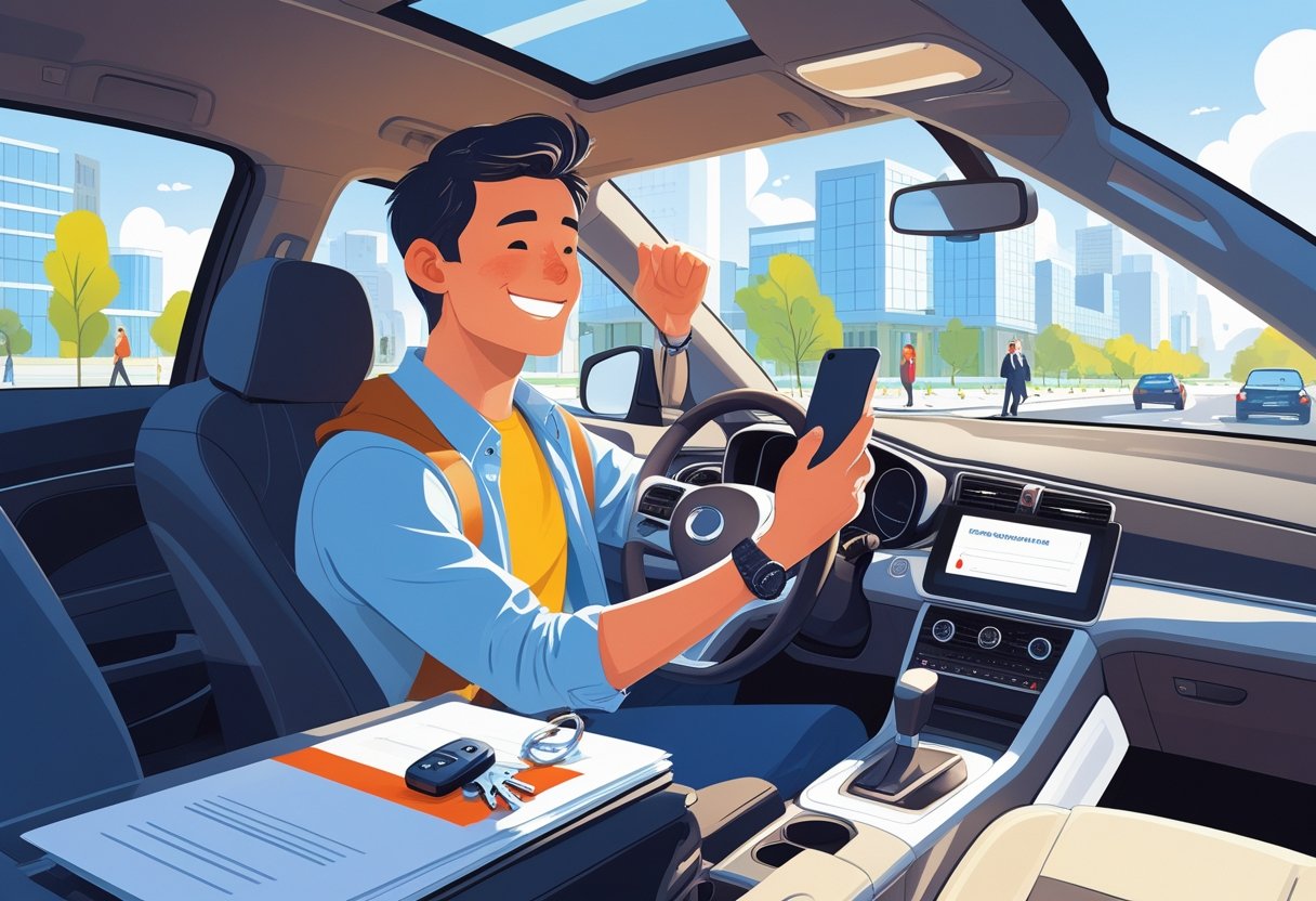 A young adult inside a car booking an intensive driving course on a smartphone, with a cityscape visible outside the window.