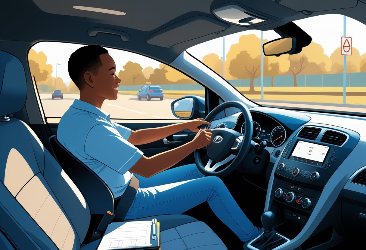 A full-time carer learning to drive with an instructor in a car on a quiet street.