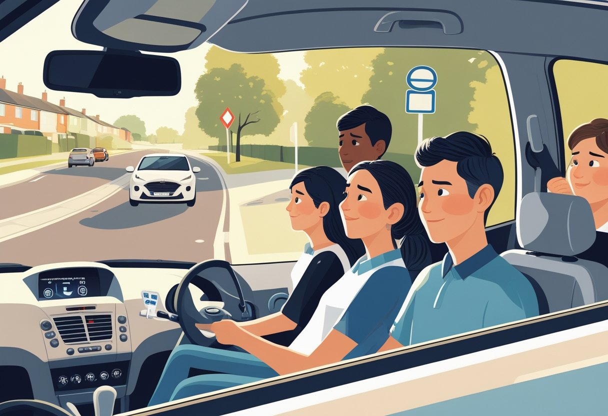 A driving instructor teaching a nervous learner in a car on a quiet suburban street, creating a calm and supportive atmosphere.