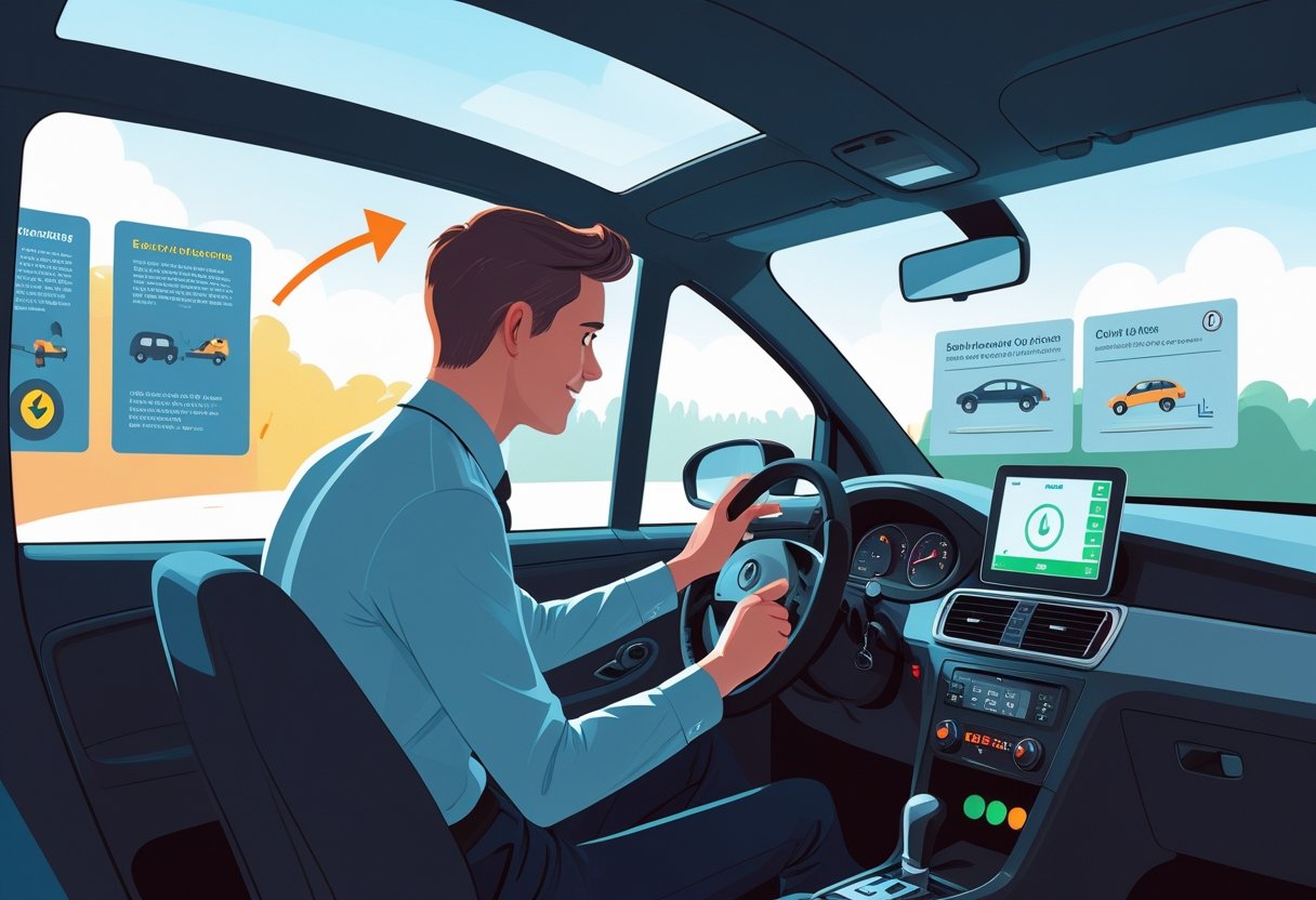 A driving instructor calmly guiding a nervous learner driver inside a car simulator in a bright classroom setting.