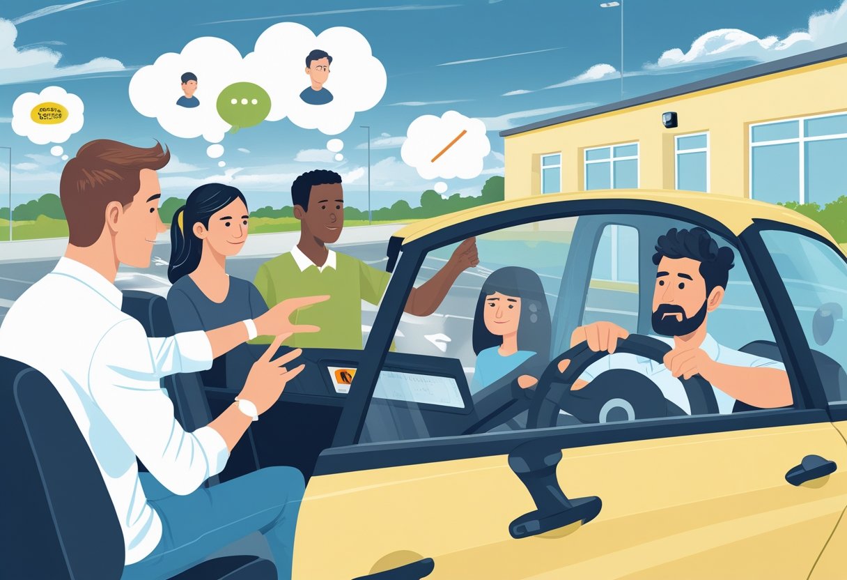 A driving instructor calmly guiding a nervous learner driver inside a car, with a driving school building visible outside.