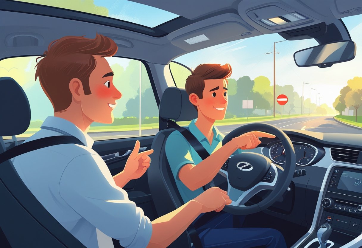 A driving instructor calmly guiding a young learner driver inside a car on a quiet suburban street.