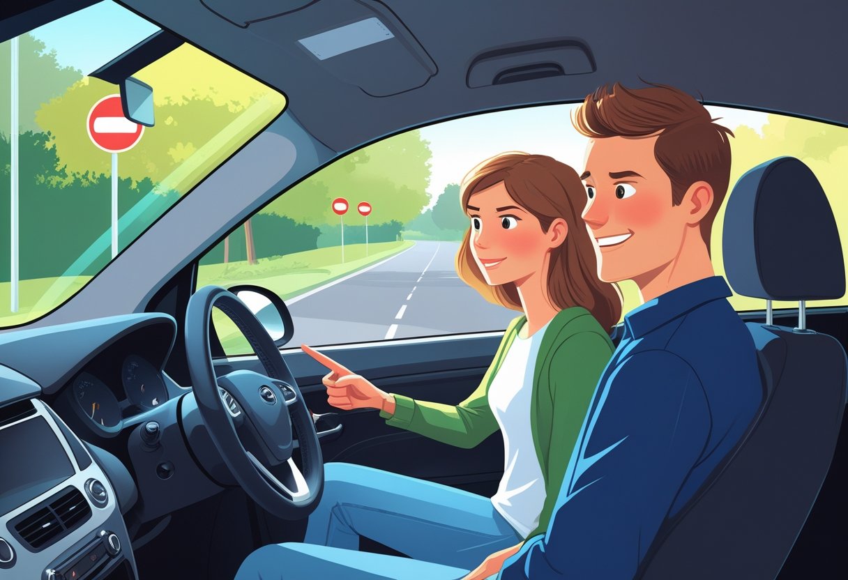 A driving instructor and a nervous learner sitting inside a car on a quiet suburban street, with the instructor reassuring the learner.