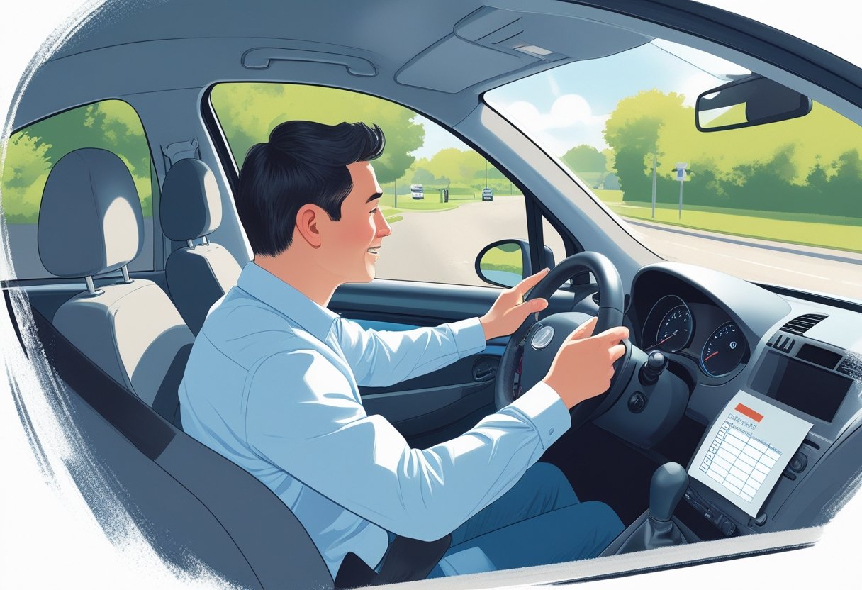 A learner driver and instructor in a driving school car on a quiet suburban street, with the instructor calmly guiding the nervous driver.