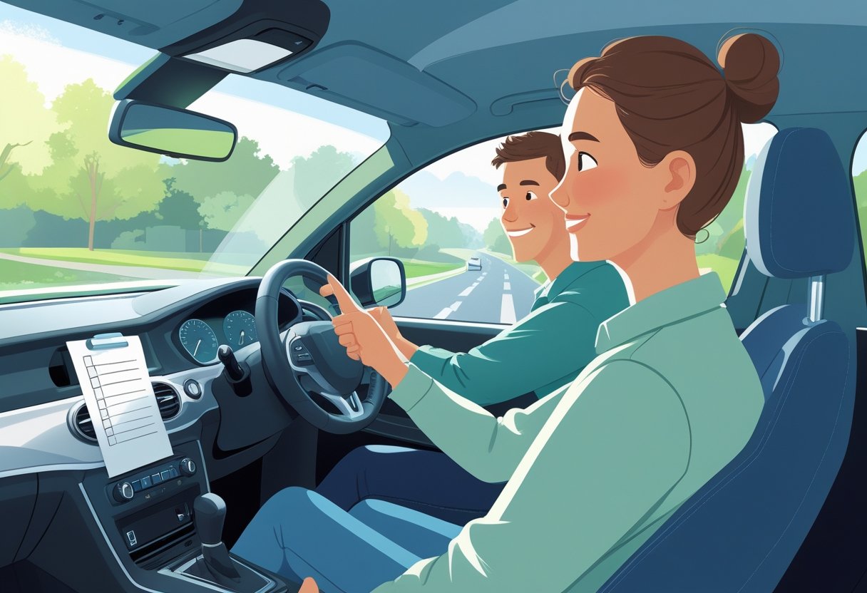 A driving instructor and a learner driver sitting together in a car on a quiet suburban street, with the instructor offering support and the learner looking calm and confident.