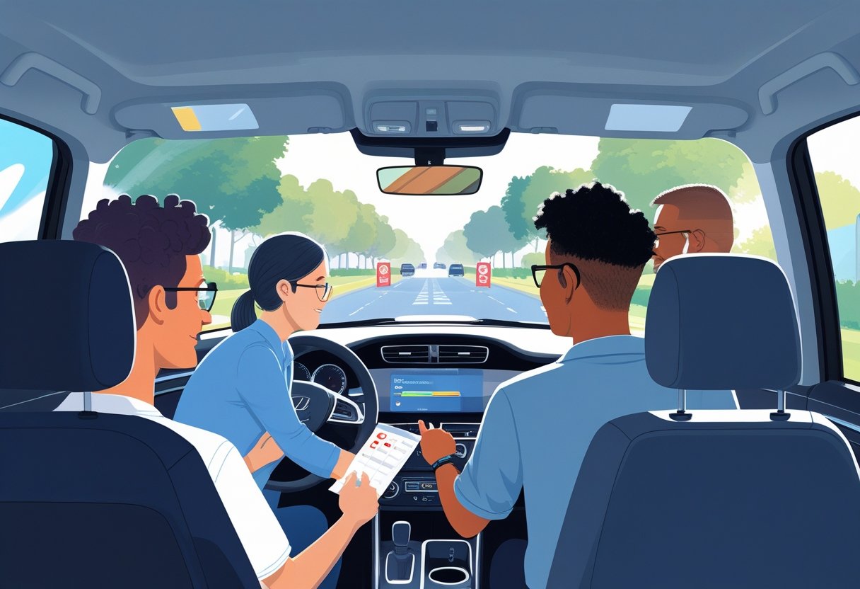 A driving instructor helps a learner driver inside a car during a driving lesson, with a calm and supportive atmosphere.