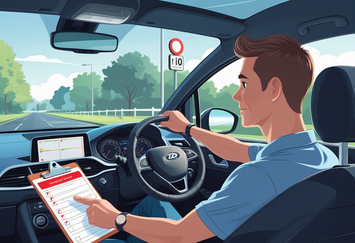 A young adult with ADHD learning to drive with an instructor on a quiet suburban street, both focused and engaged.