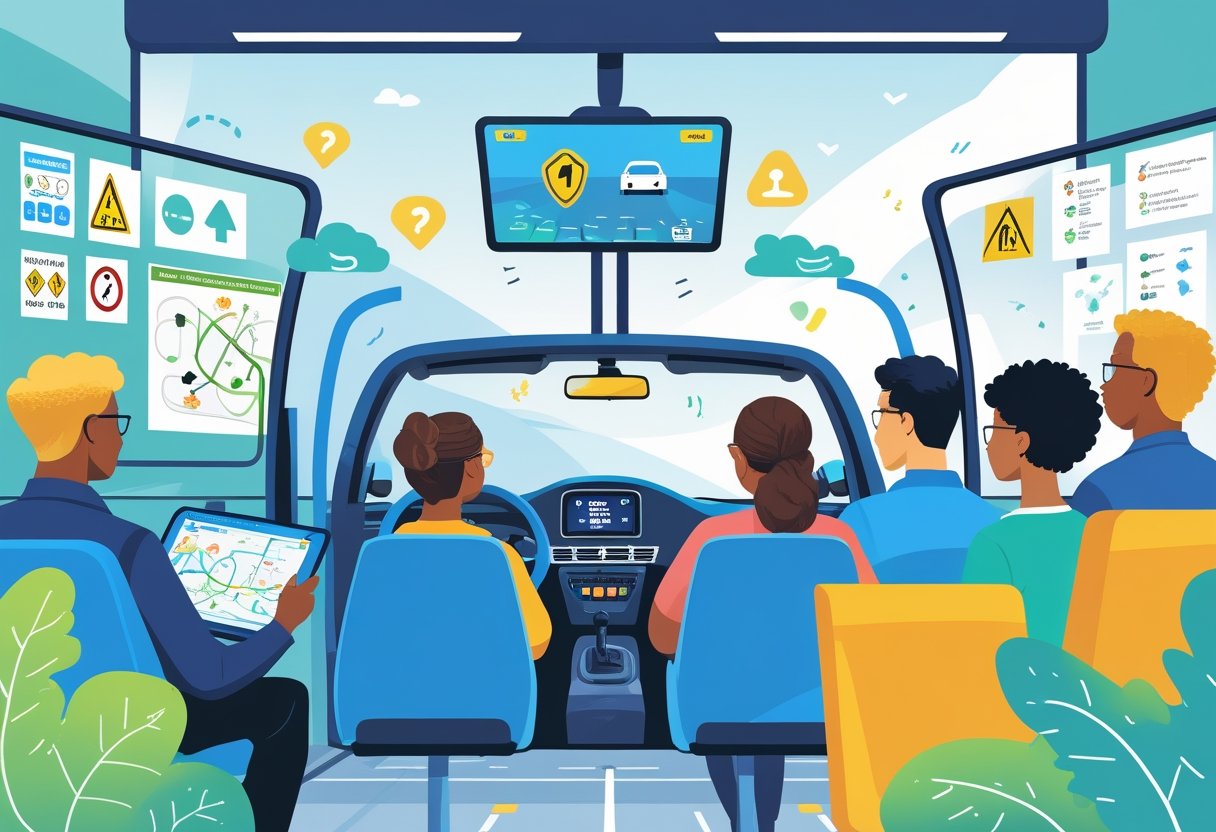 A group of adults with ADHD learning to drive with a supportive instructor in a classroom and driving simulator, showing a calm and focused learning environment.